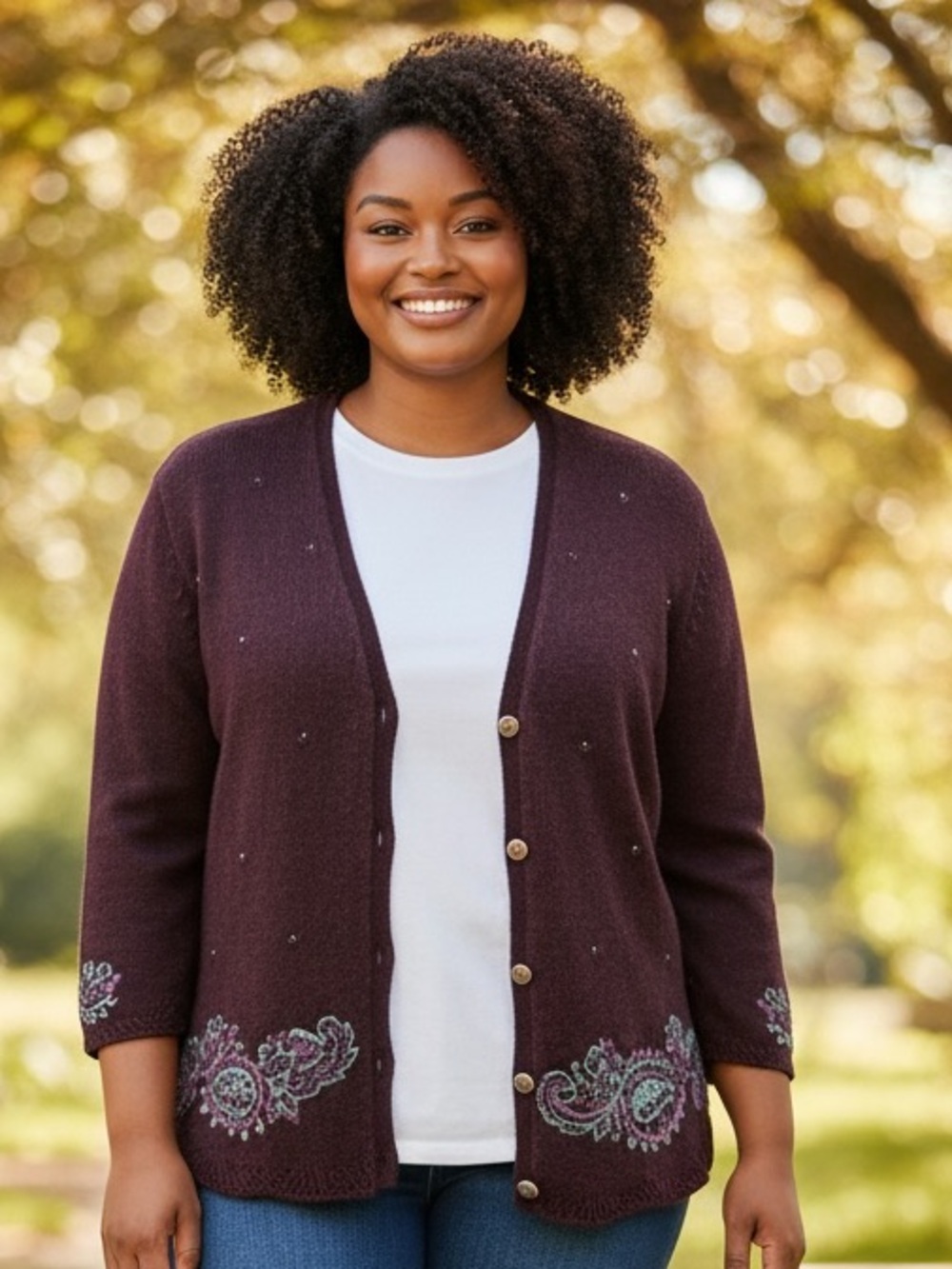 90s KORET PURPLE CARDIGAN SWEATER WOOL BLEND IRIDESCENT BEADING PAISLEY & FLORAL